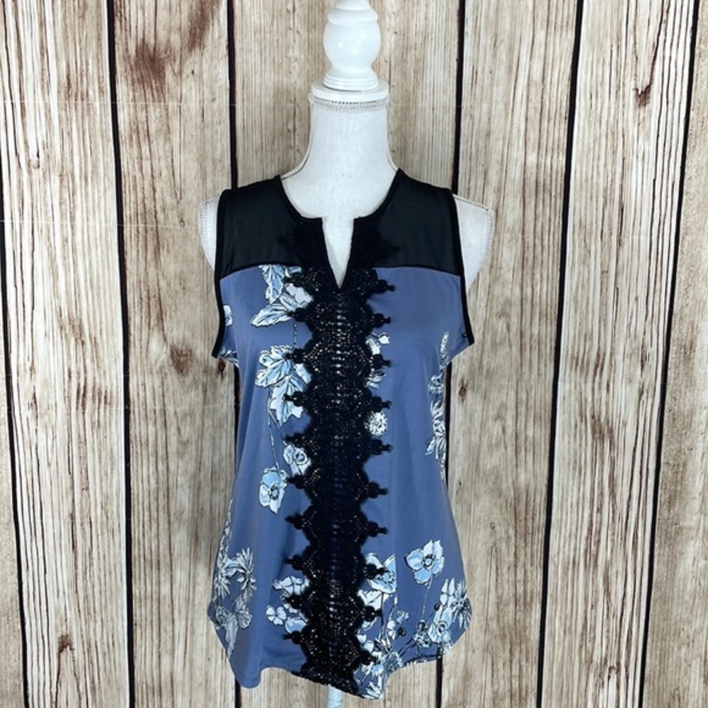 Maurices Black Blue and White Floral Tank w/Sheer & Lacy Accents Medium